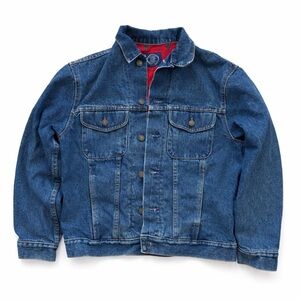 Vintage 90s GAP Denim Trucker Jacket USA Made Red Lined Blanket Jacket Size S